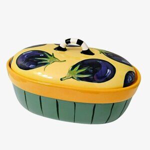 Droll Designs Hand-Painted Casserole Dish With Lid, Eggplant Veggie Yellow Green